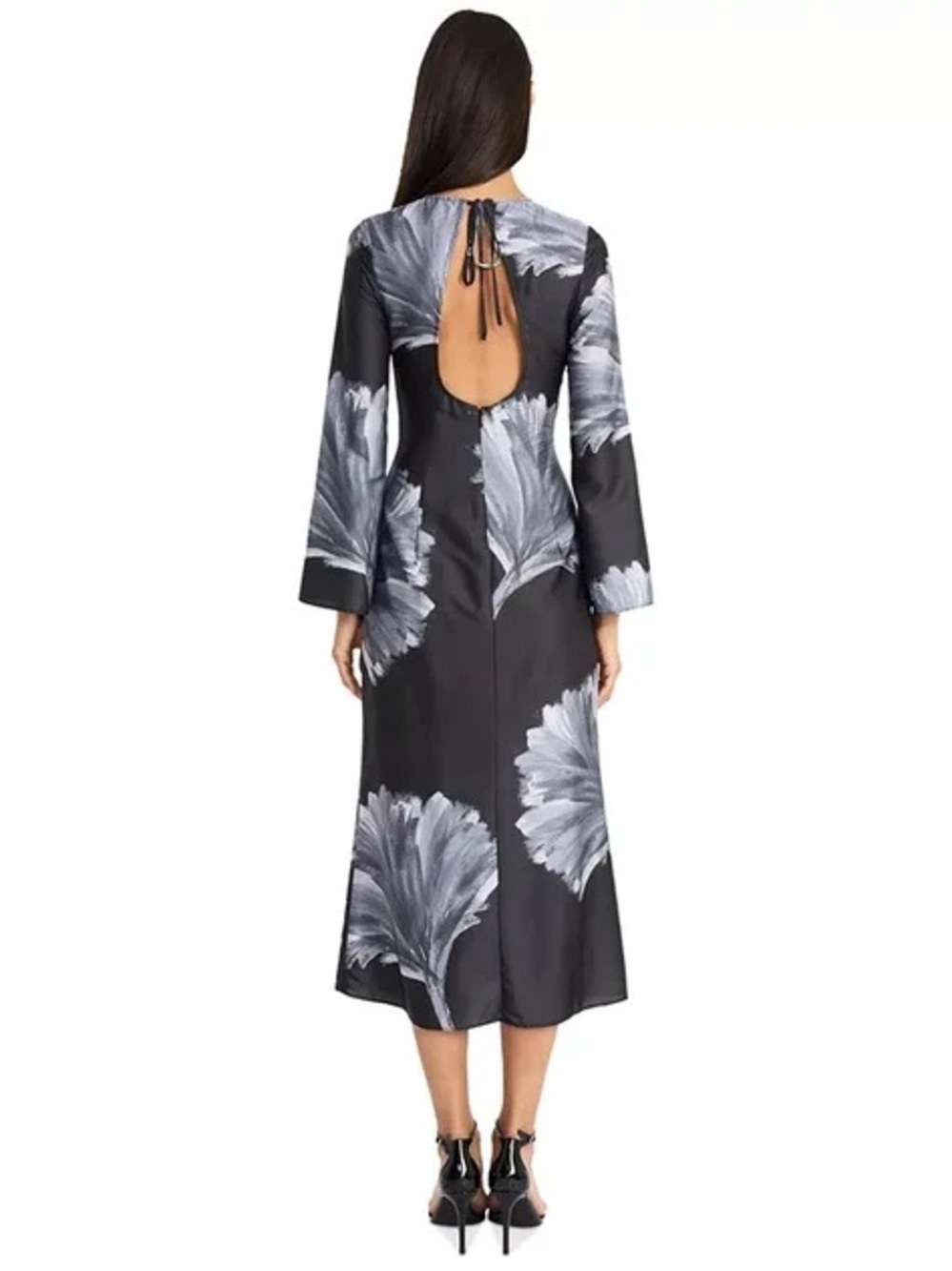 Donna Morgan Black Midi Dress with Gray Floral Backless Detail